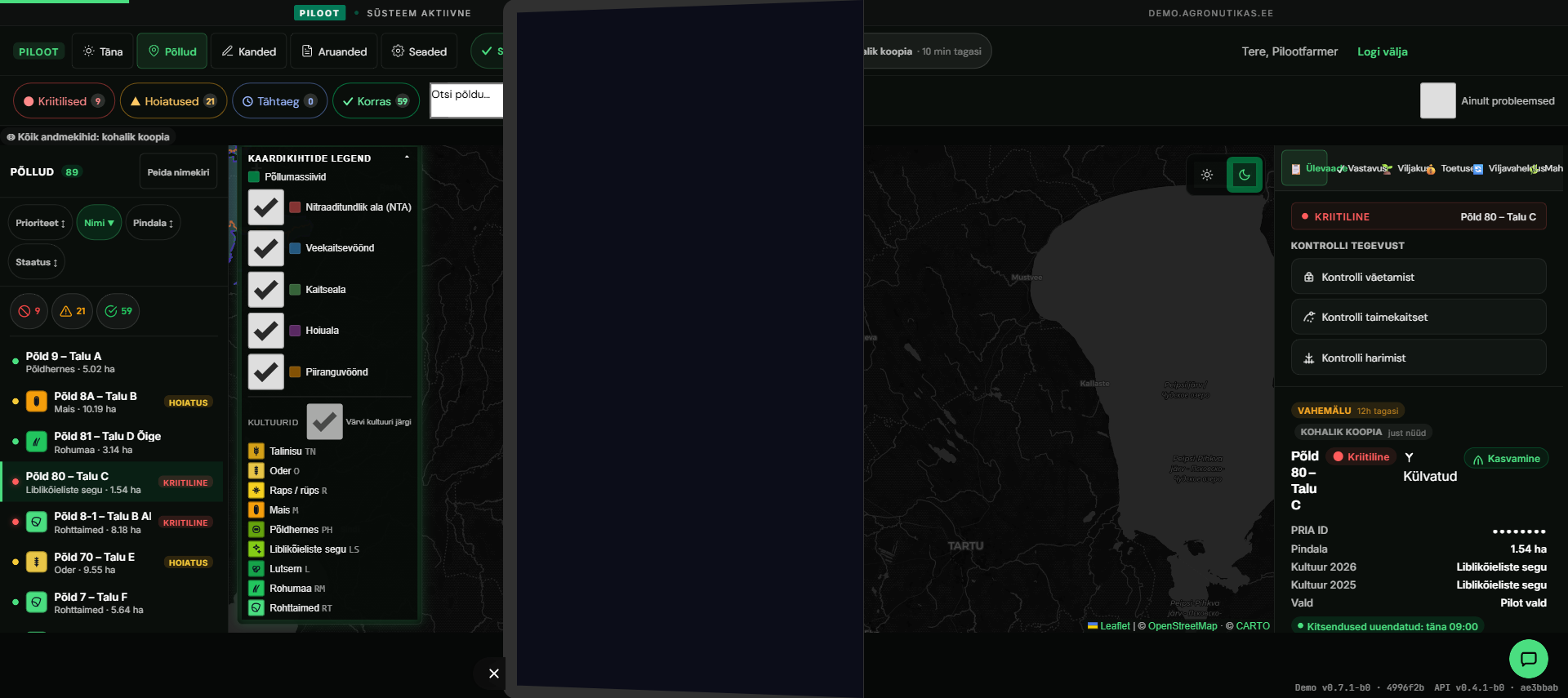 Näidis-investori-dashboard: põldude nimekiri vastavuse seisundimärkidega, KPI-tahvel, kultuuride legend, detailvaade. Anonümiseeritud — talu nimi ja PRIA ID-d on asendatud kohatäidetega.